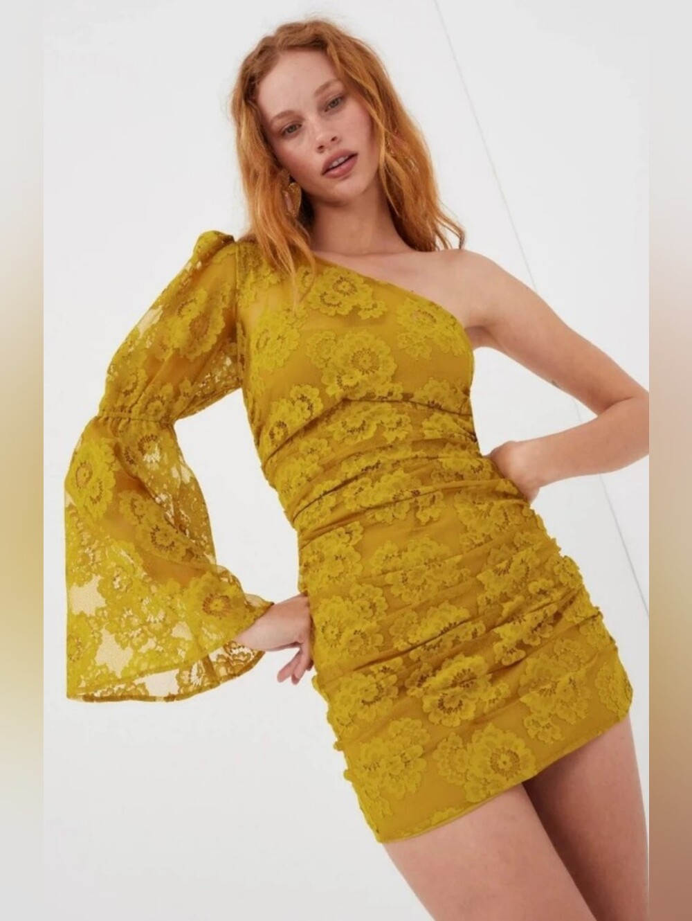 NWT For Love And Lemons Mustard Yellow Lace One Sleeve Mini Dress Large